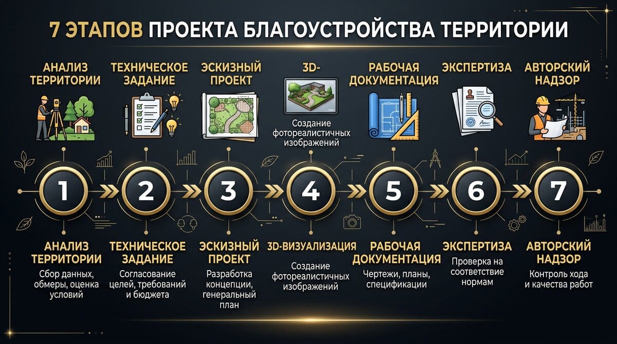 7 этапов проекта благоустройства территории — инфографика